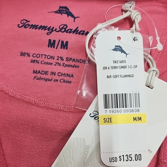 Tommy Bahama Pink Floral Embroidered  1/2 Zip. Terry Knit, New, Size Med - Picture 7 of 11